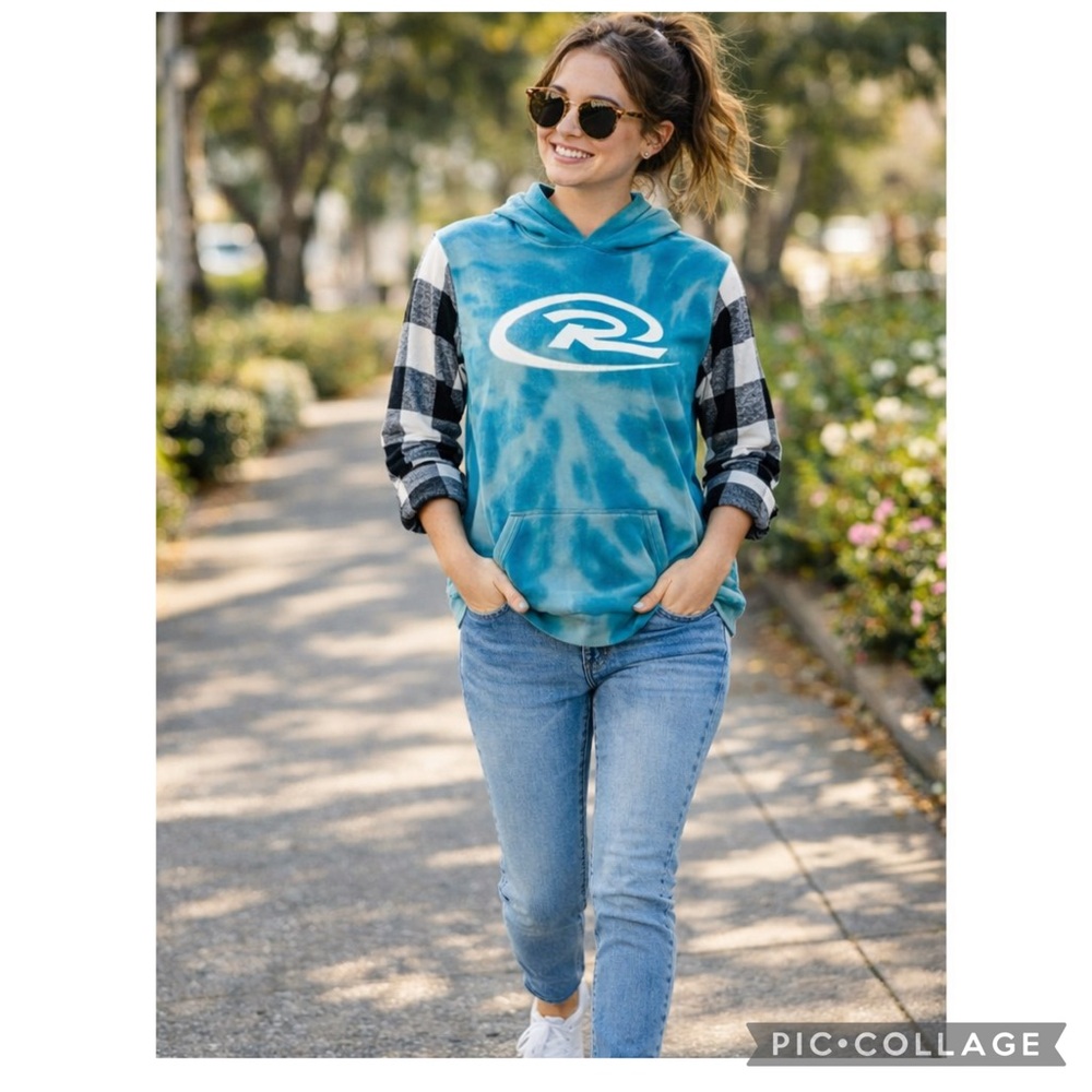Pezzo NWT Turquoise Tie Dye Hoodie XS Buffalo Plaid Sleeves Lightweight